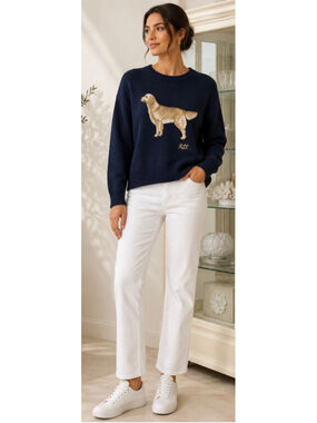 Lauren Ralph Lauren Dog Graphic Crew Neck Sweater Navy XL 100% Cotton